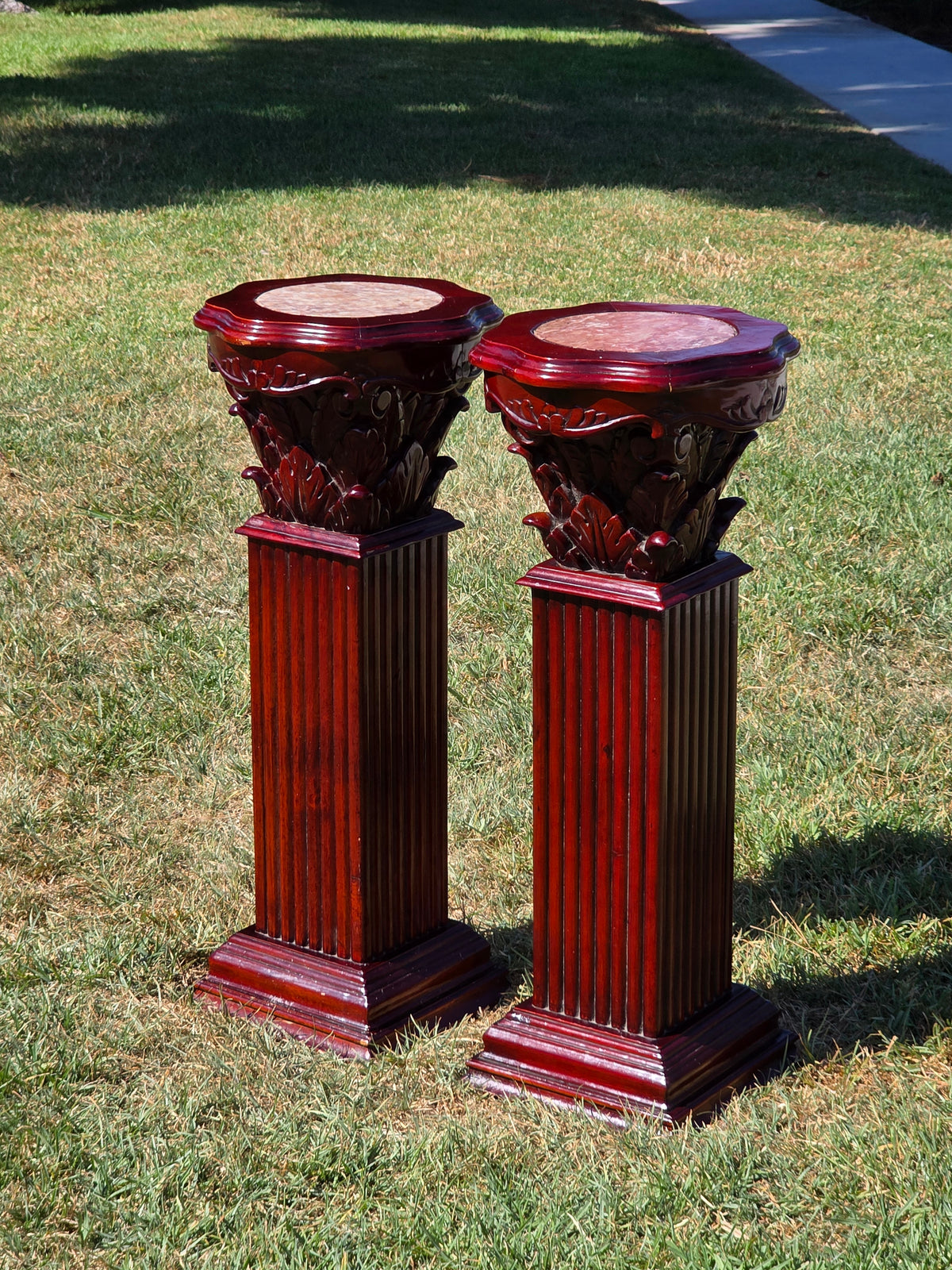 Vintage Corinthian Carved Wood Pedestal Column Stand Pair Marble Inlay Mahogany