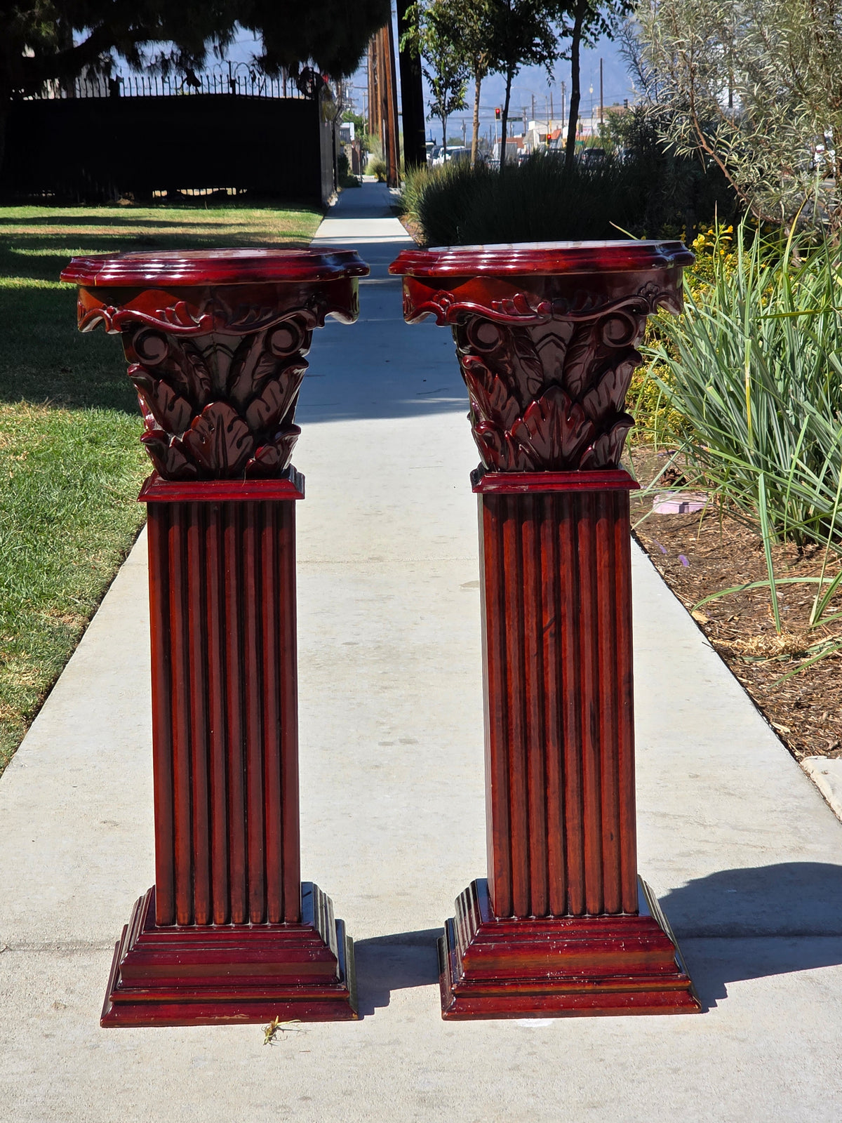 Vintage Corinthian Carved Wood Pedestal Column Stand Pair Marble Inlay Mahogany