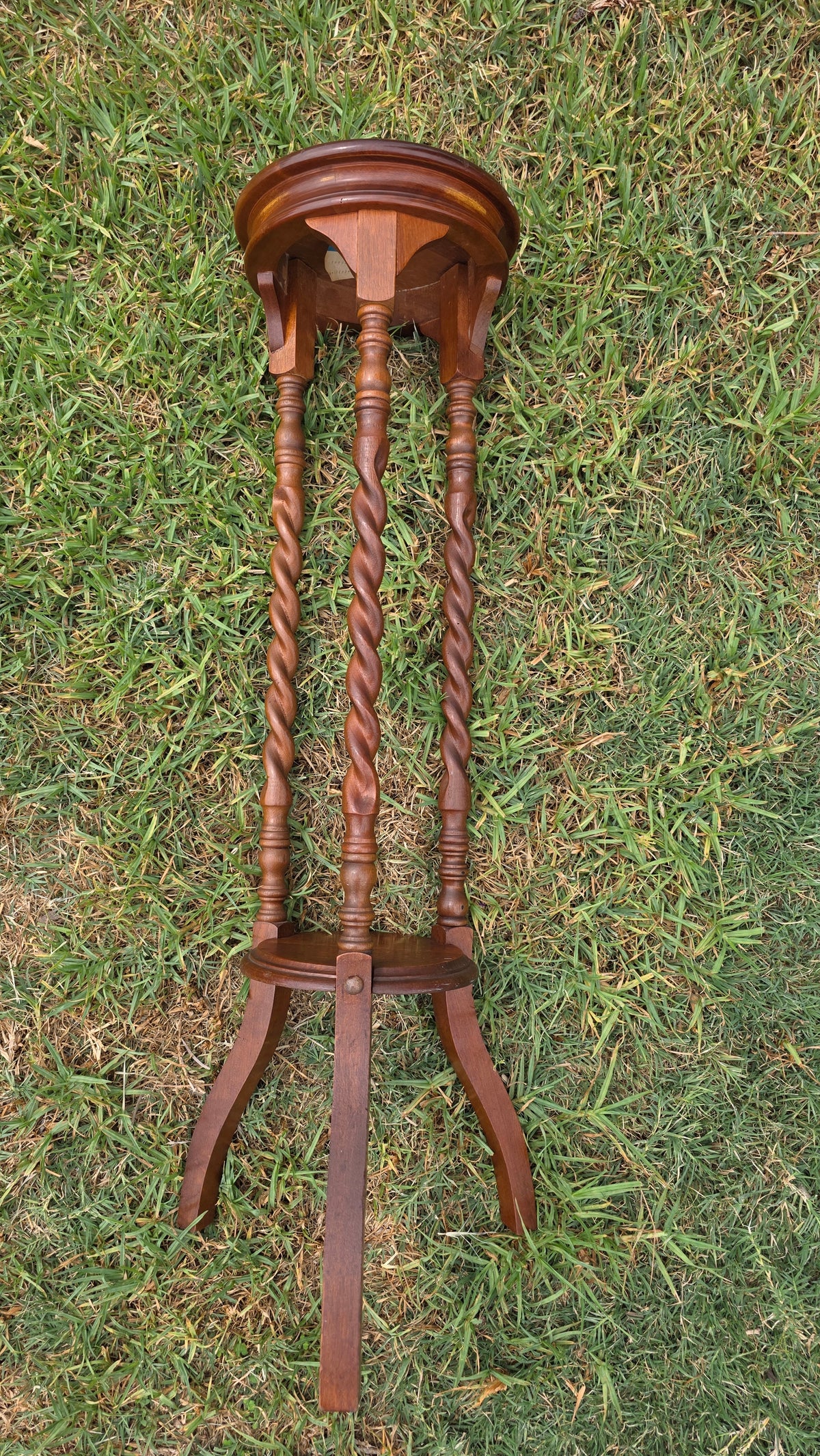 Vintage Mahogany Barley Twist Plant Stand Pedestal 2 Tier Tripod 36" Round Brown