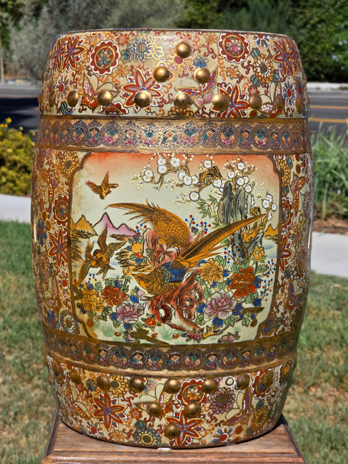 Vintage Satsuma Porcelain Garden Stool Gilt Moriage Bird Flower Plant Stand 18"
