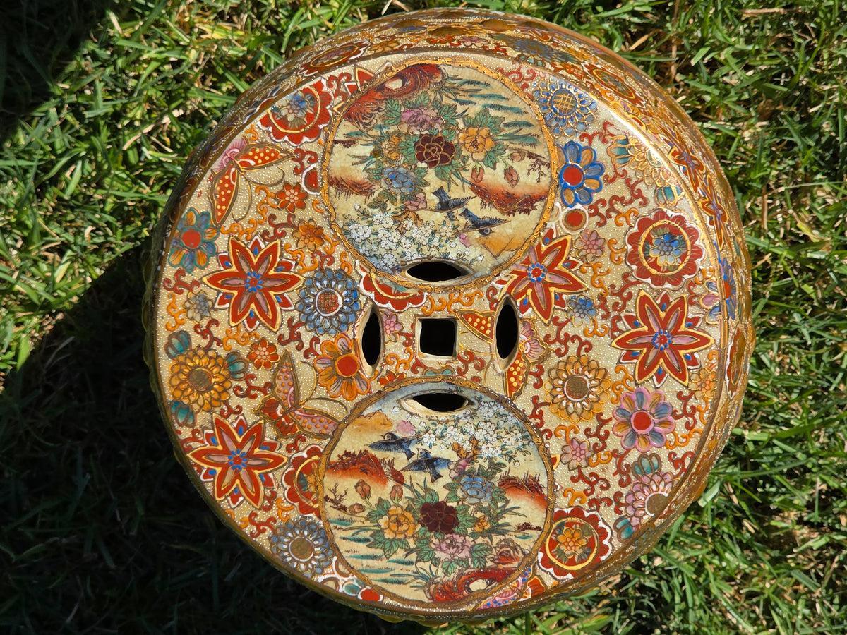 Vintage Satsuma Porcelain Garden Stool Gilt Moriage Bird Flower Plant Stand 18"