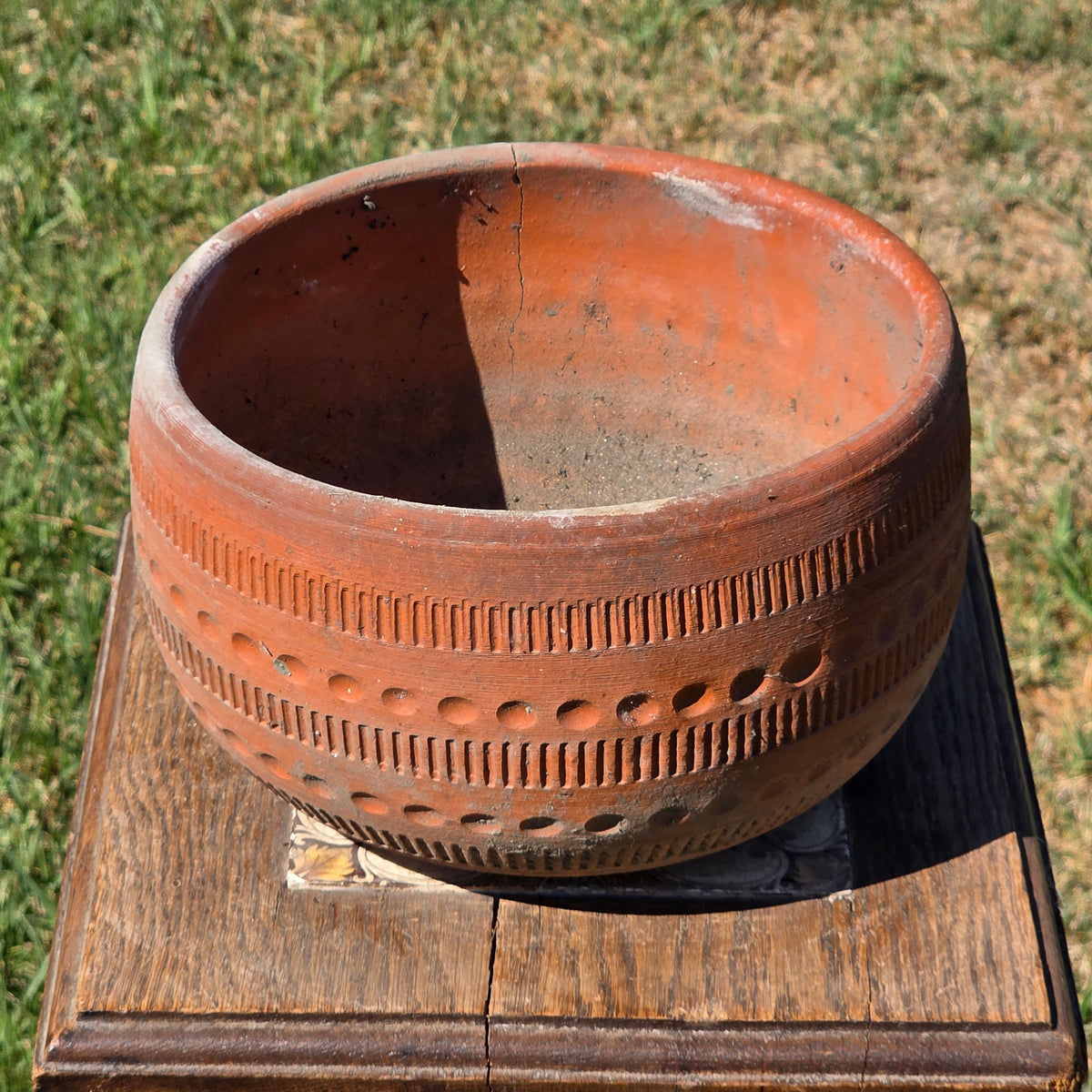 Vintage Terracotta Planter Pot Mid Century Geometric Boho Garden Bowl 9" 4.3lb