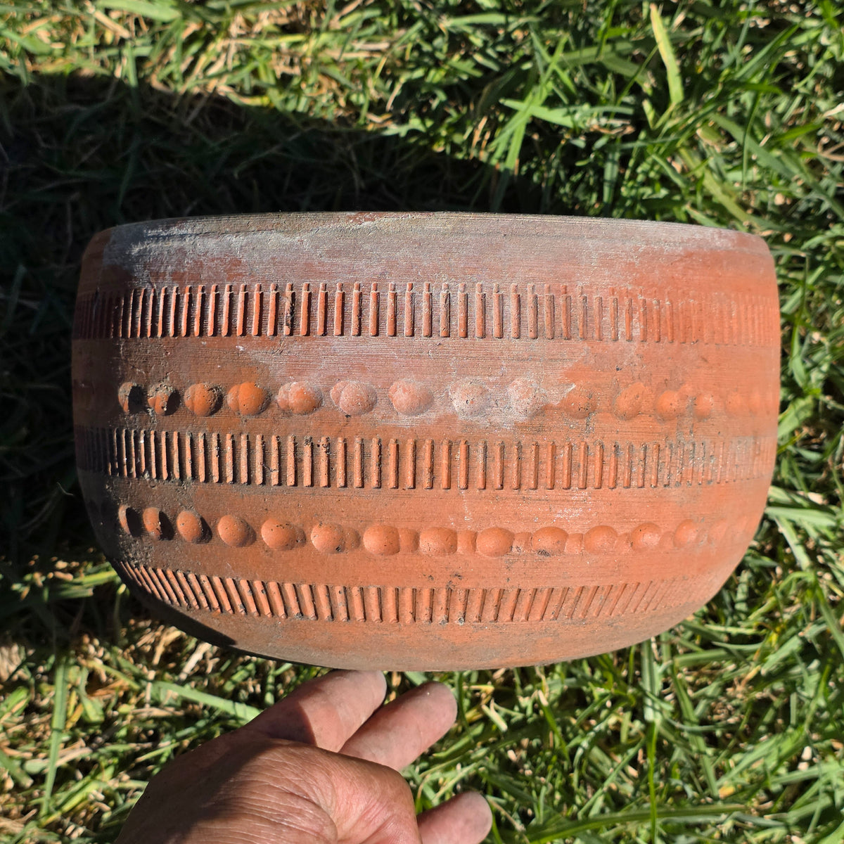Vintage Terracotta Planter Pot Mid Century Geometric Boho Garden Bowl 9" 4.3lb