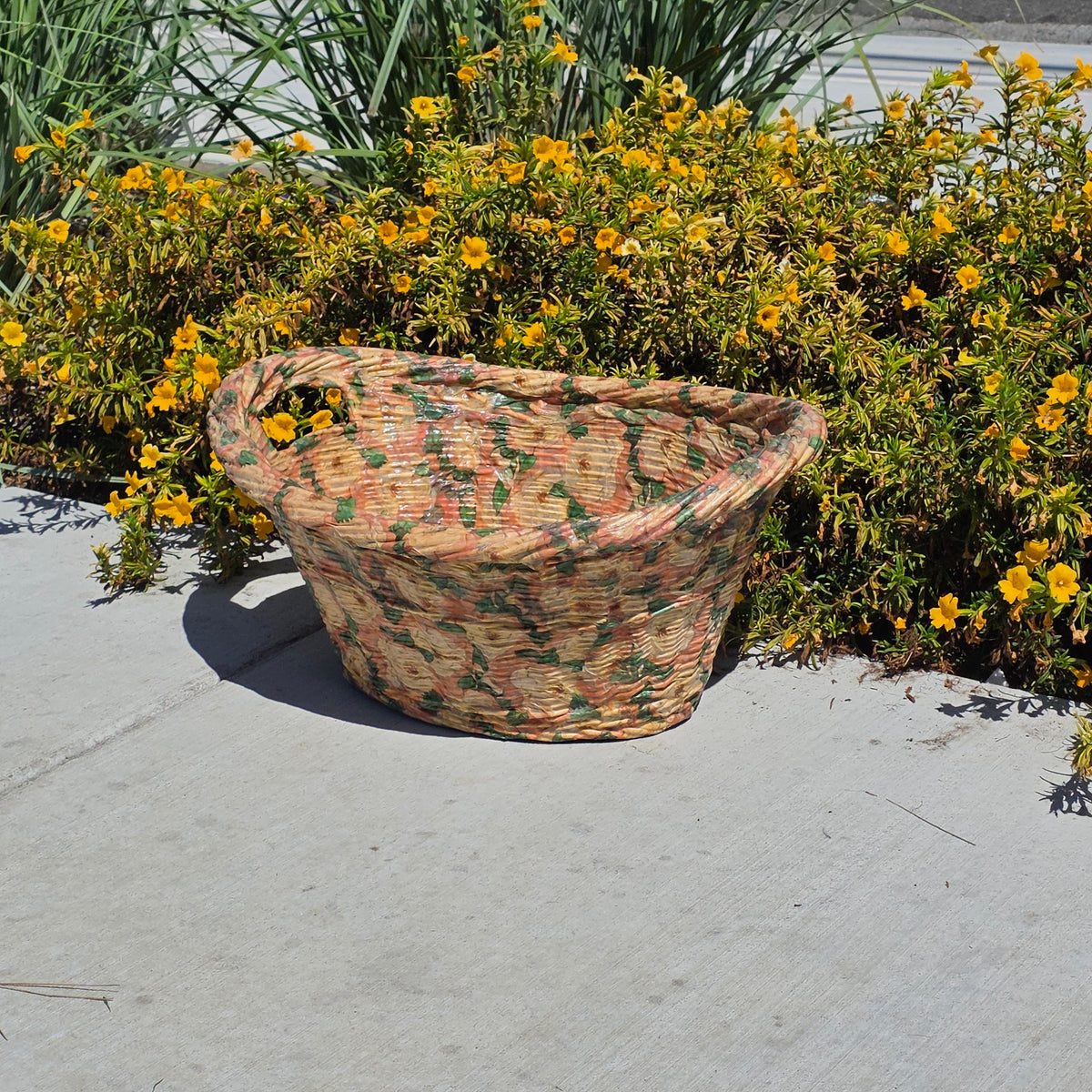 Vintage Wicker Laundry Basket Floral Cellophane Wrap Large Oval Mid Century Pink