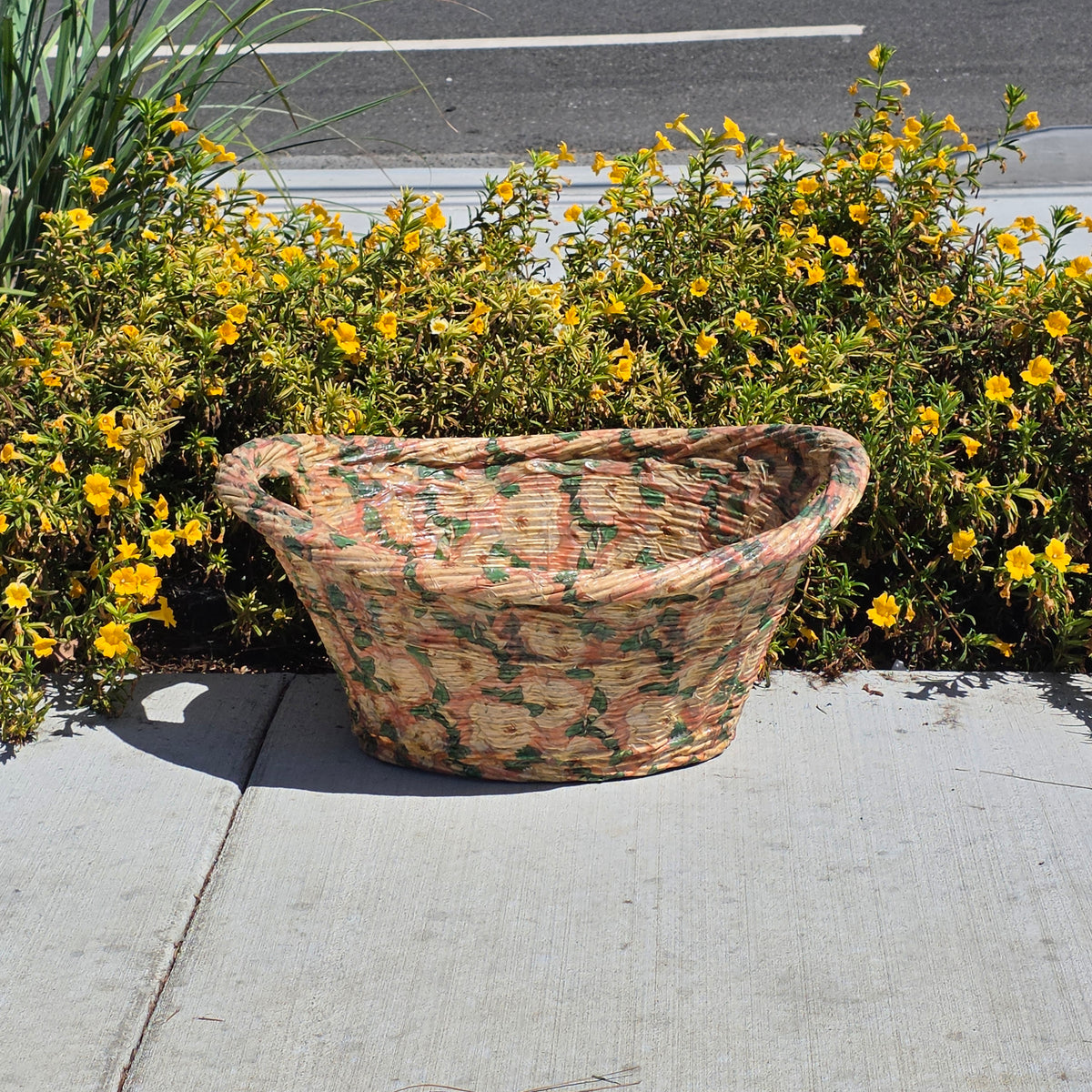 Vintage Wicker Laundry Basket Floral Cellophane Wrap Large Oval Mid Century Pink
