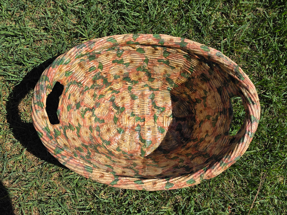 Vintage Wicker Laundry Basket Floral Cellophane Wrap Large Oval Mid Century Pink