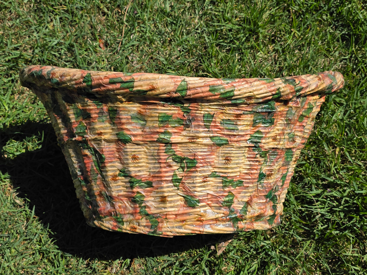Vintage Wicker Laundry Basket Floral Cellophane Wrap Large Oval Mid Century Pink