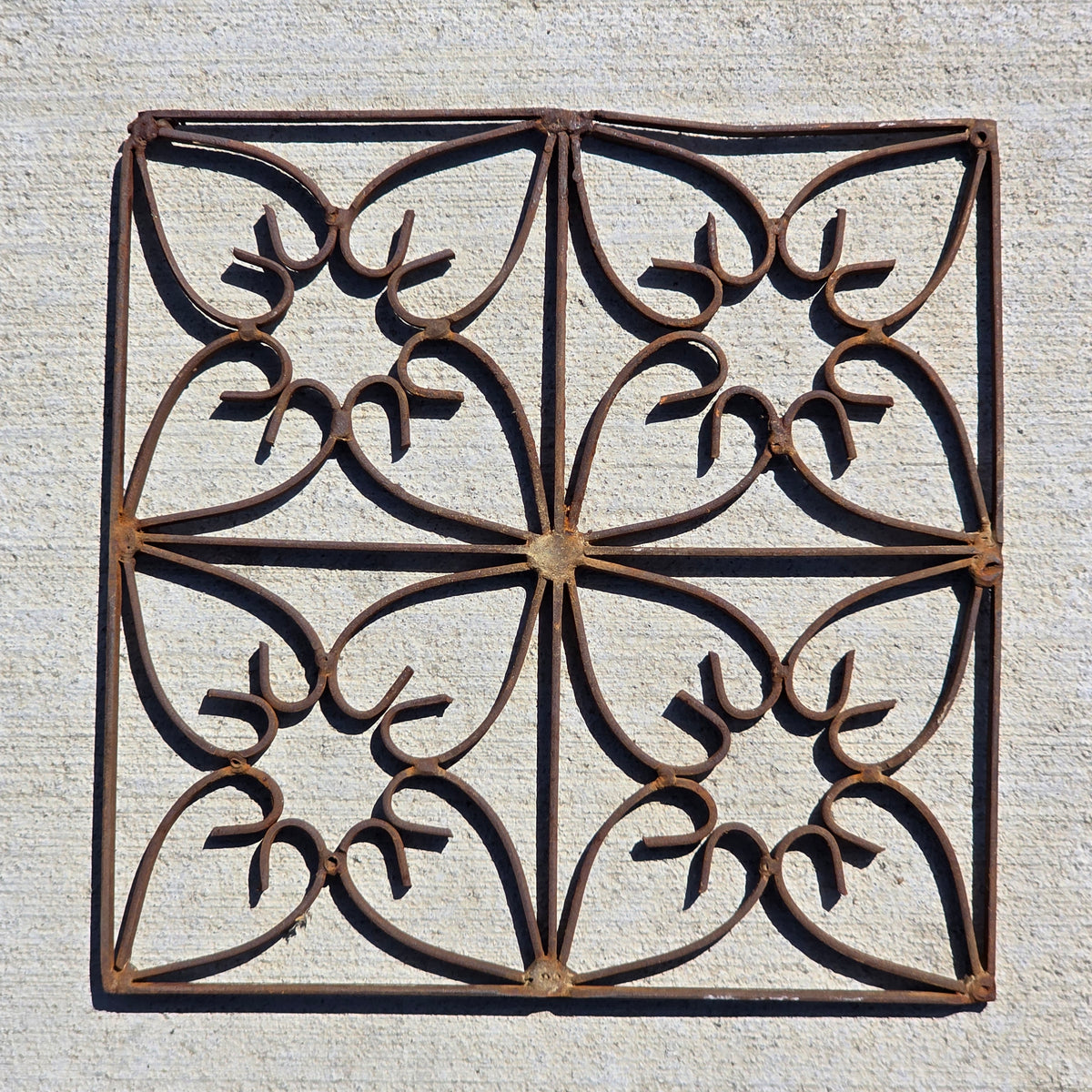 Vintage Wrought Iron Wall Plaque Grille Tile Set of 4 Square Heart Scroll Rusty