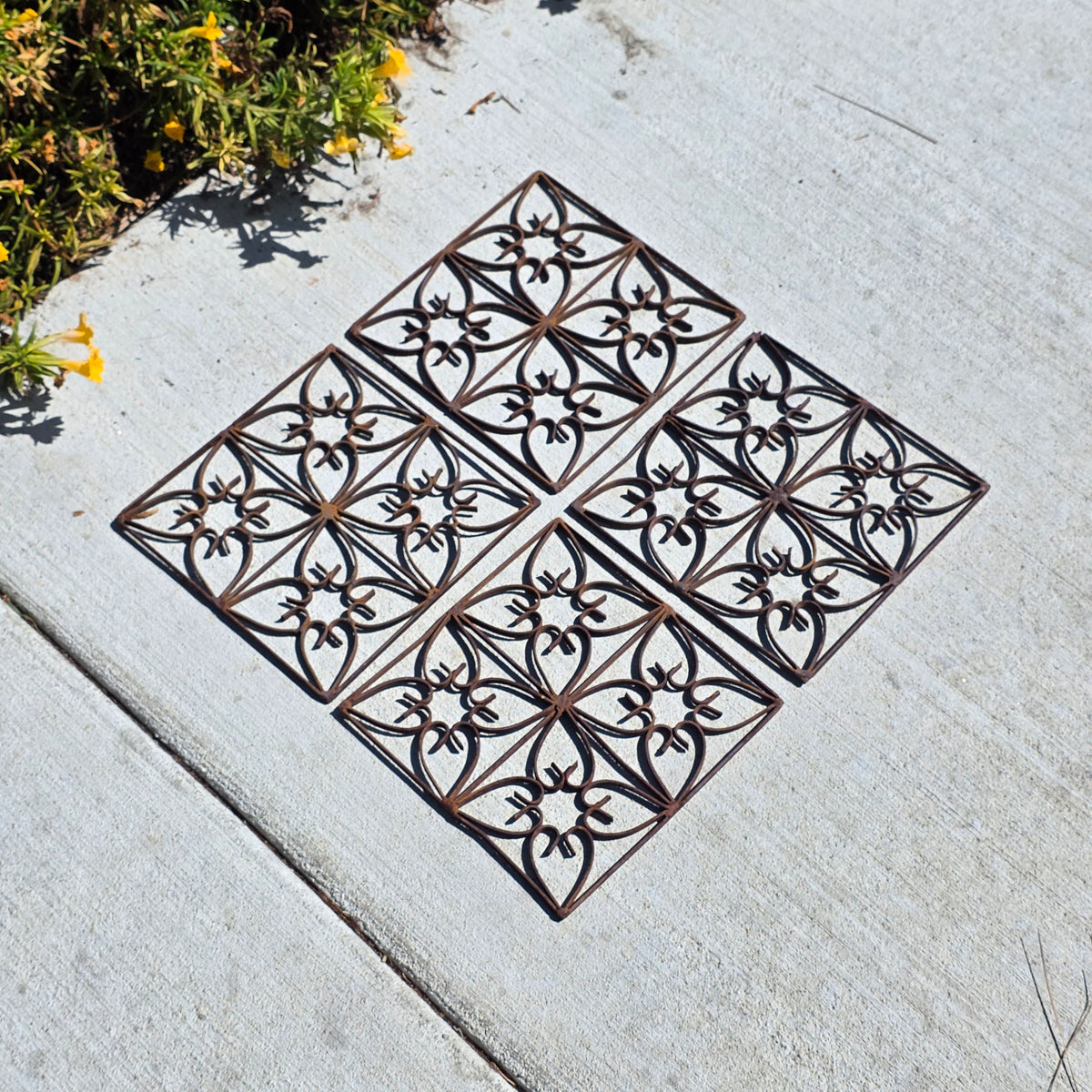 Vintage Wrought Iron Wall Plaque Grille Tile Set of 4 Square Heart Scroll Rusty