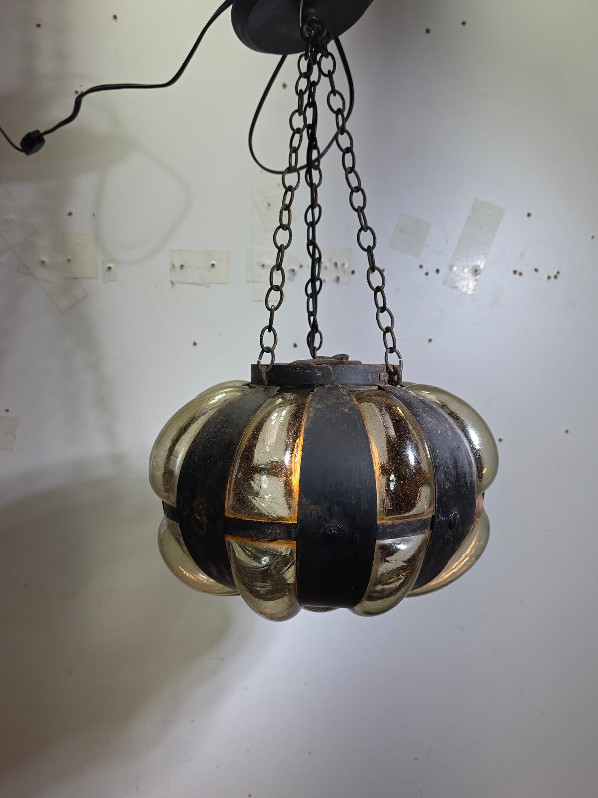 Vintage Caged Blown Glass Pumpkin Pendant Light Spanish Iron Onion Lamp Green