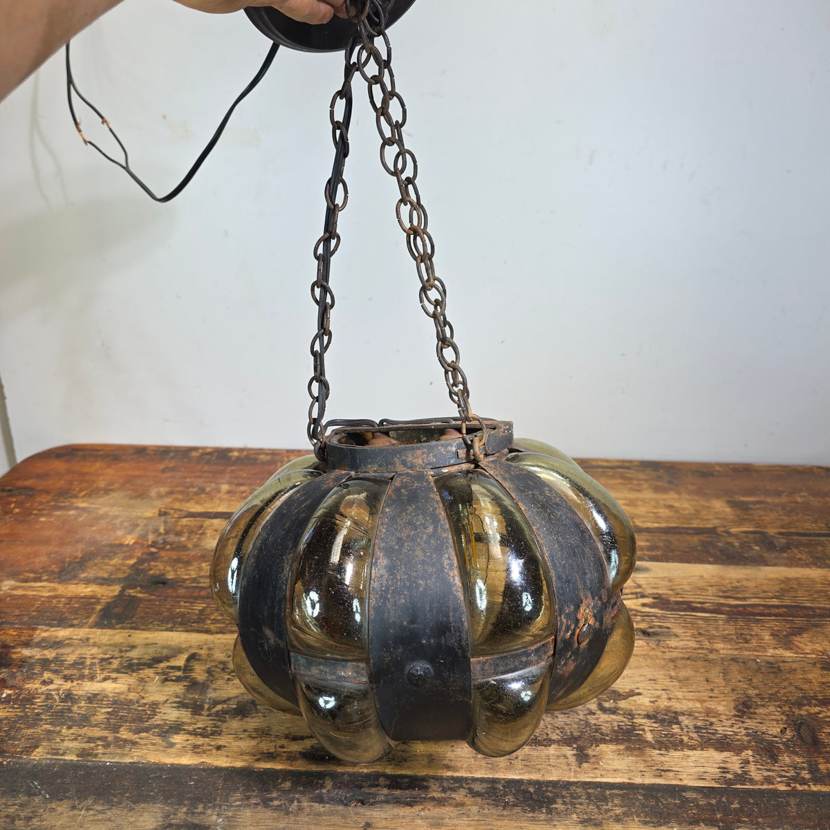Vintage Caged Blown Glass Pumpkin Pendant Light Spanish Iron Onion Lamp Green