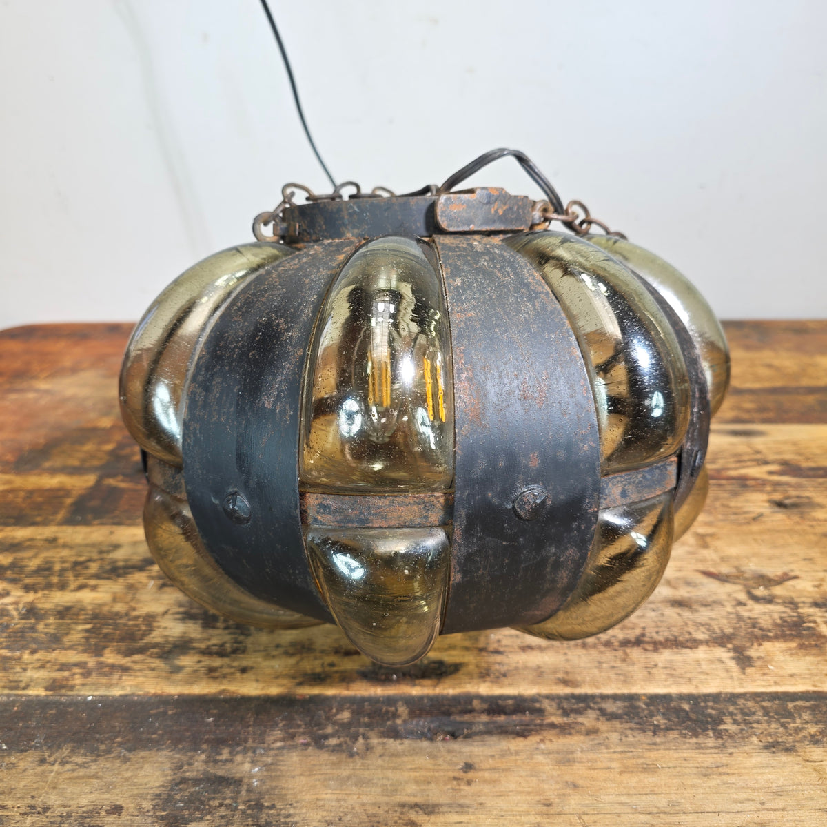 Vintage Caged Blown Glass Pumpkin Pendant Light Spanish Iron Onion Lamp Green