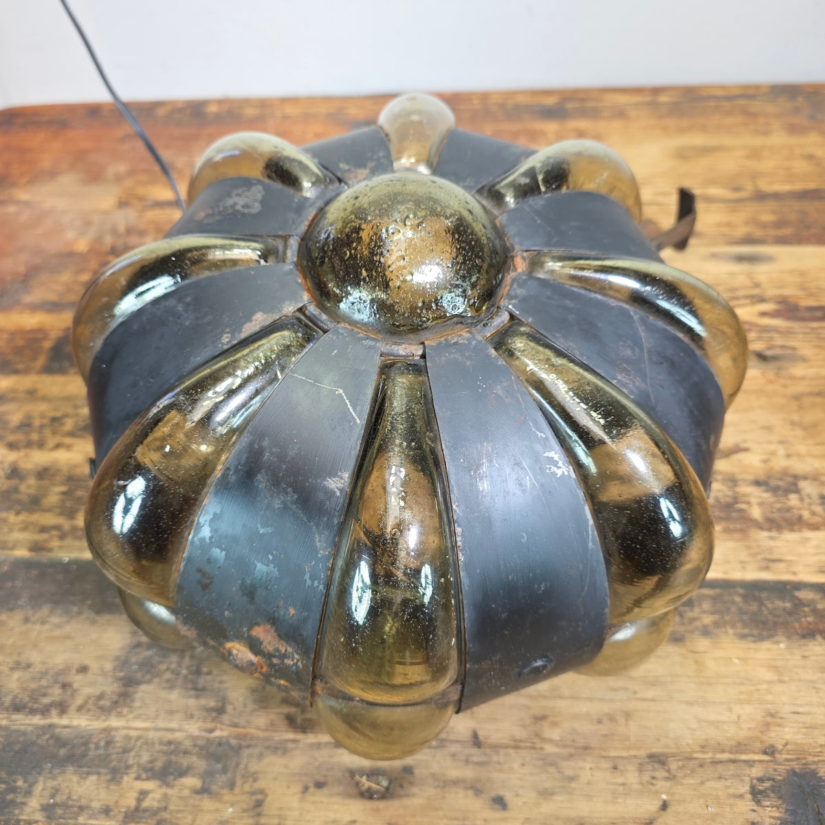 Vintage Caged Blown Glass Pumpkin Pendant Light Spanish Iron Onion Lamp Green