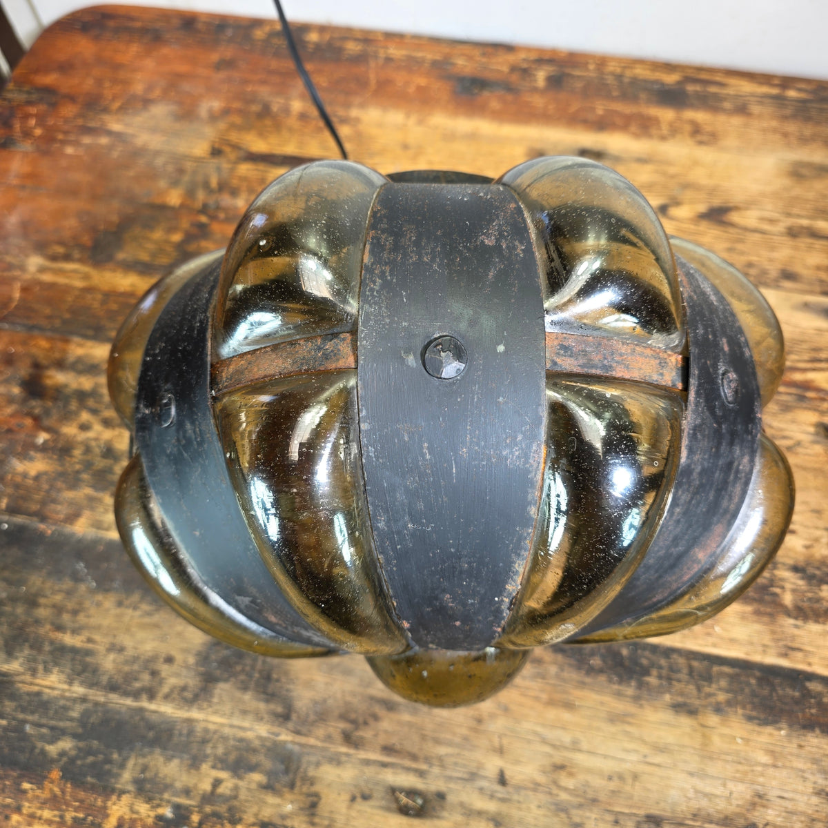 Vintage Caged Blown Glass Pumpkin Pendant Light Spanish Iron Onion Lamp Green
