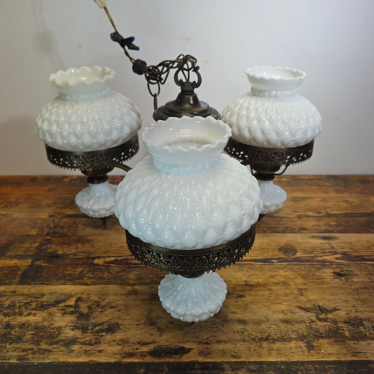 Vintage Hobnail Milk Glass Chandelier 3 Light Brass Hanging Fixture Ceiling Lamp