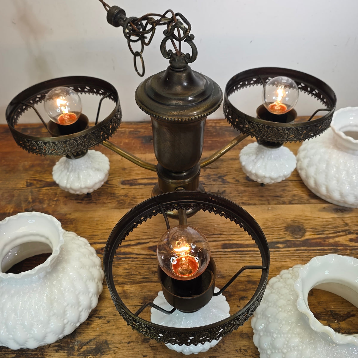 Vintage Hobnail Milk Glass Chandelier 3 Light Brass Hanging Fixture Ceiling Lamp