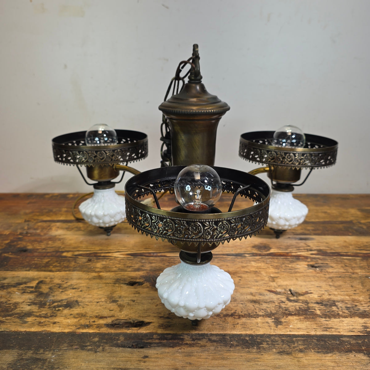 Vintage Hobnail Milk Glass Chandelier 3 Light Brass Hanging Fixture Ceiling Lamp
