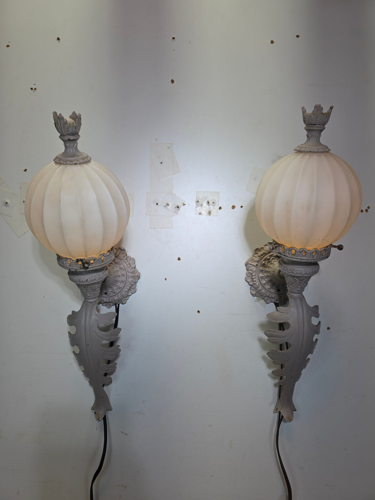 Vintage Brass Neoclassical Torchere Wall Sconce Pair Art Deco Shabby Grey Glass