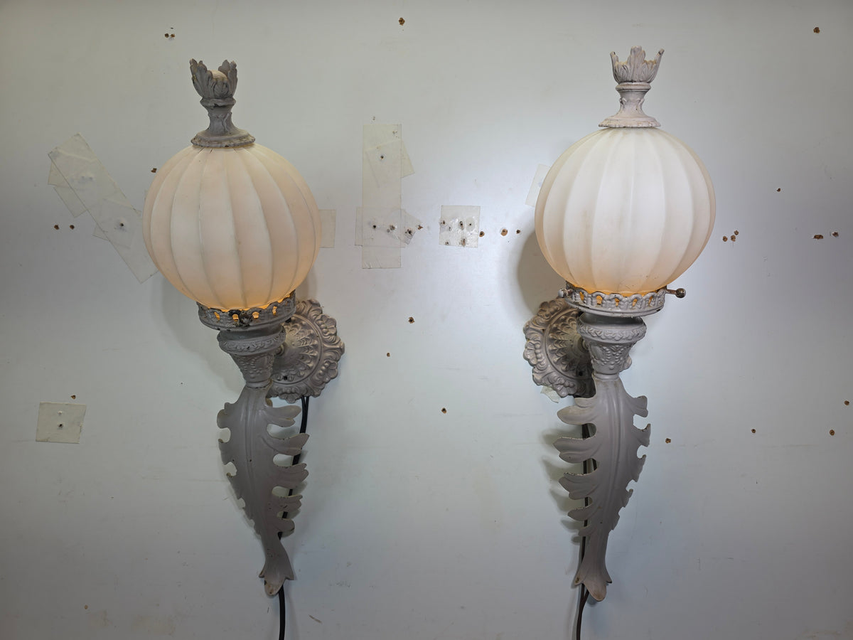 Vintage Brass Neoclassical Torchere Wall Sconce Pair Art Deco Shabby Grey Glass