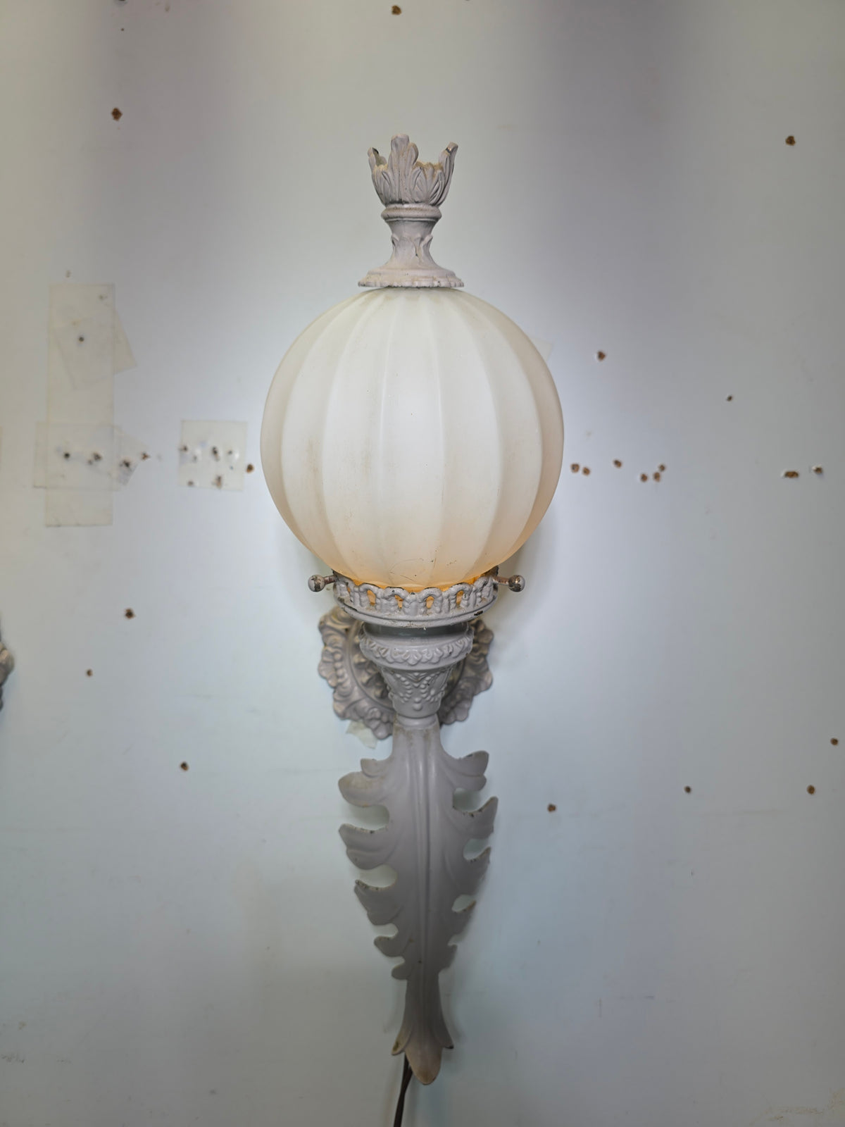 Vintage Brass Neoclassical Torchere Wall Sconce Pair Art Deco Shabby Grey Glass