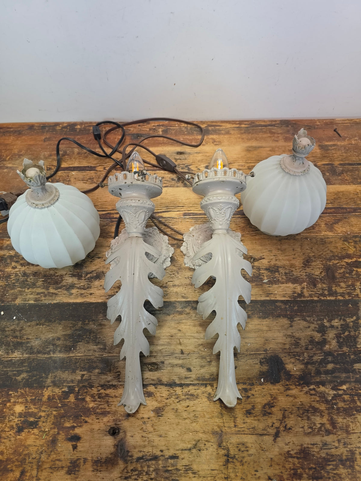 Vintage Brass Neoclassical Torchere Wall Sconce Pair Art Deco Shabby Grey Glass