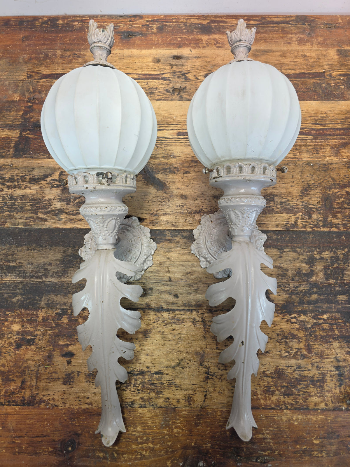 Vintage Brass Neoclassical Torchere Wall Sconce Pair Art Deco Shabby Grey Glass