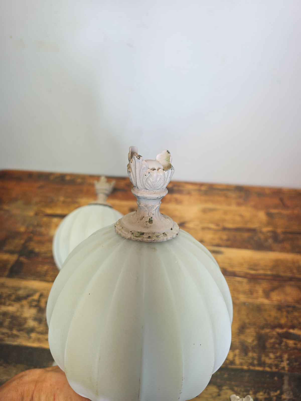 Vintage Brass Neoclassical Torchere Wall Sconce Pair Art Deco Shabby Grey Glass