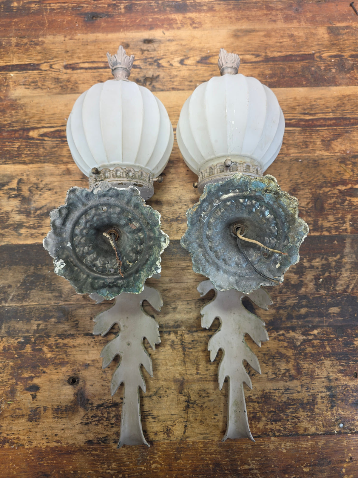 Vintage Brass Neoclassical Torchere Wall Sconce Pair Art Deco Shabby Grey Glass