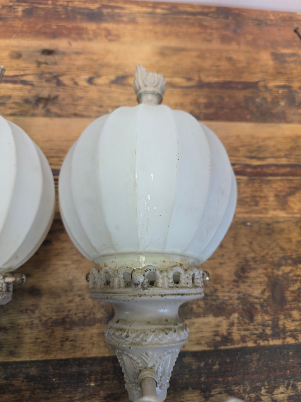 Vintage Brass Neoclassical Torchere Wall Sconce Pair Art Deco Shabby Grey Glass