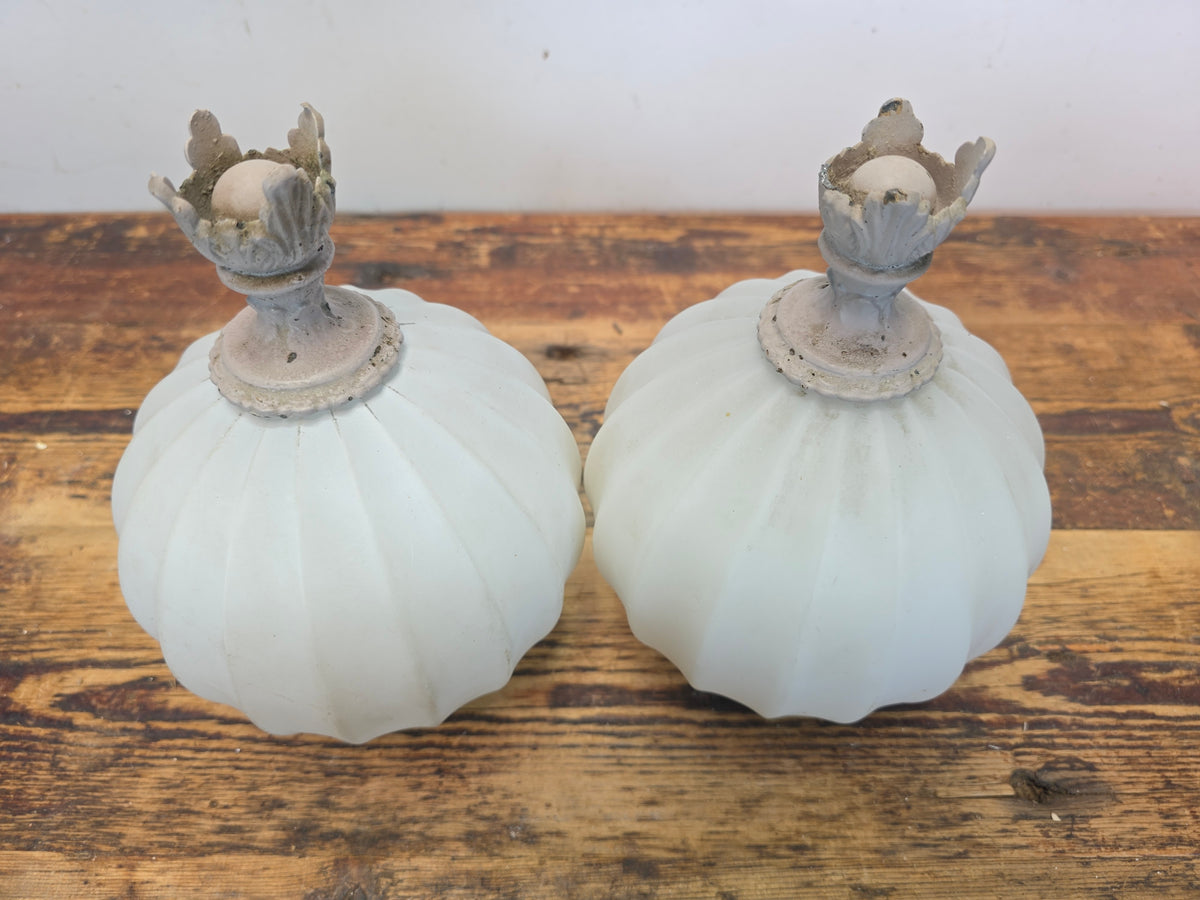 Vintage Brass Neoclassical Torchere Wall Sconce Pair Art Deco Shabby Grey Glass