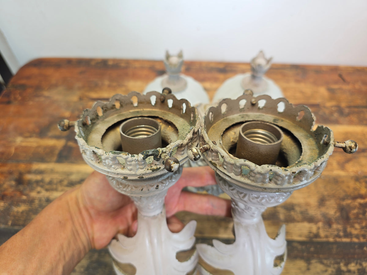 Vintage Brass Neoclassical Torchere Wall Sconce Pair Art Deco Shabby Grey Glass