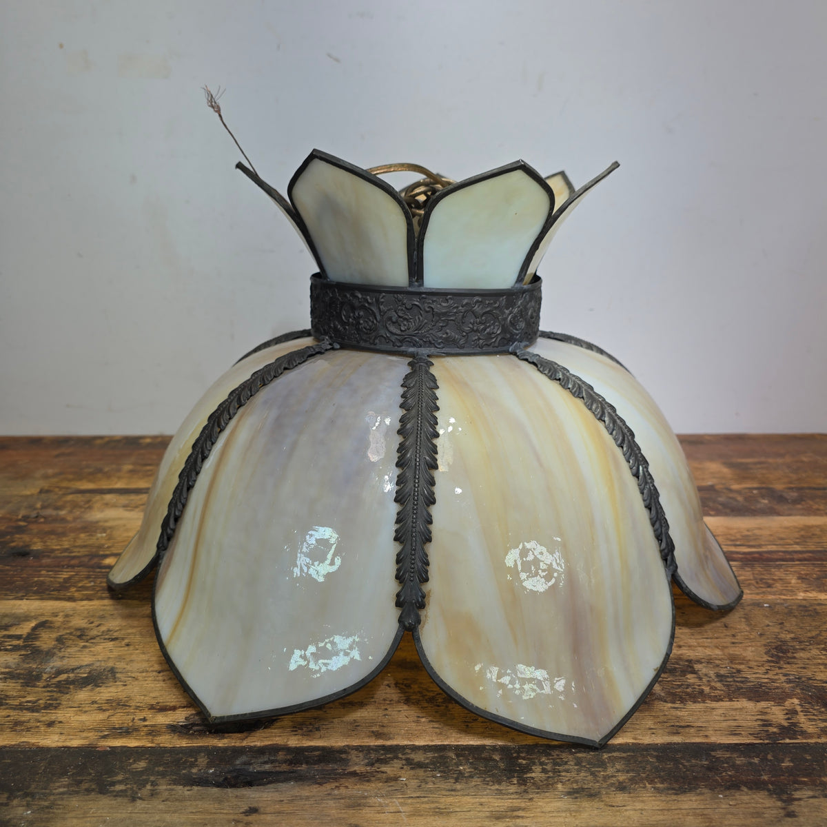 RARE Vintage Slag Glass Lotus Swag Lamp Double Flare Tulip Pendant Light