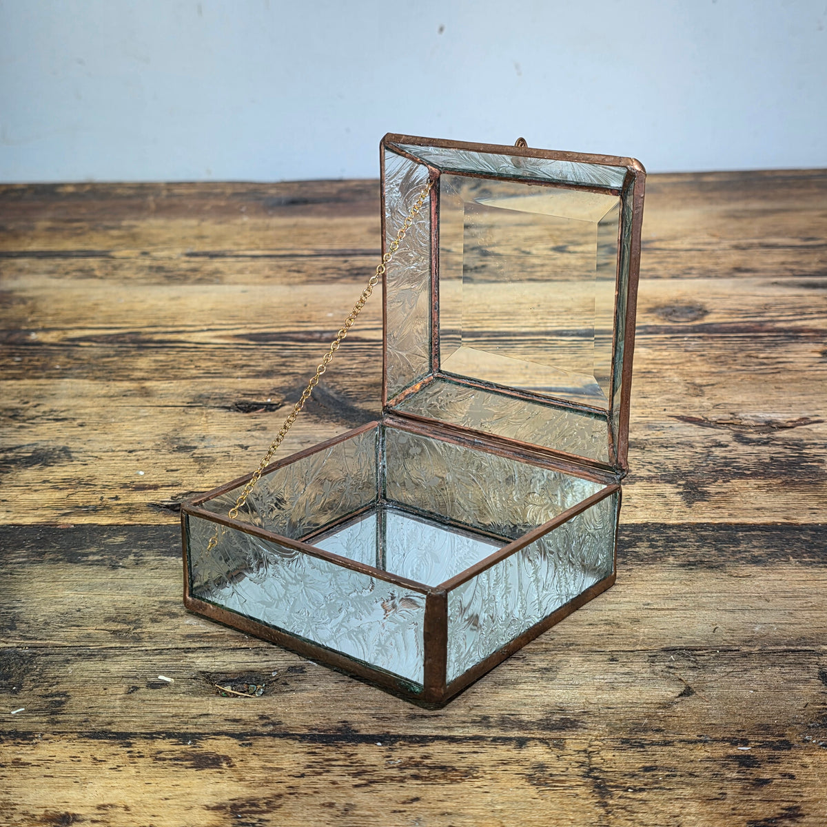 Vintage Glass Brass Jewelry Trinket Box Beveled Lid Frosted Floral Mirror Base