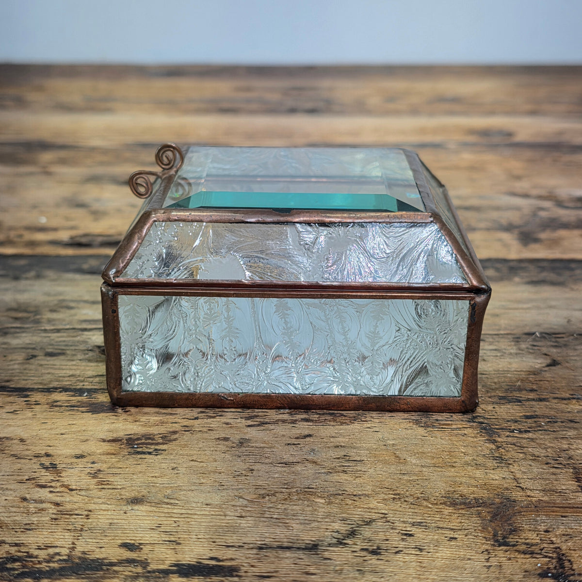 Vintage Glass Brass Jewelry Trinket Box Beveled Lid Frosted Floral Mirror Base