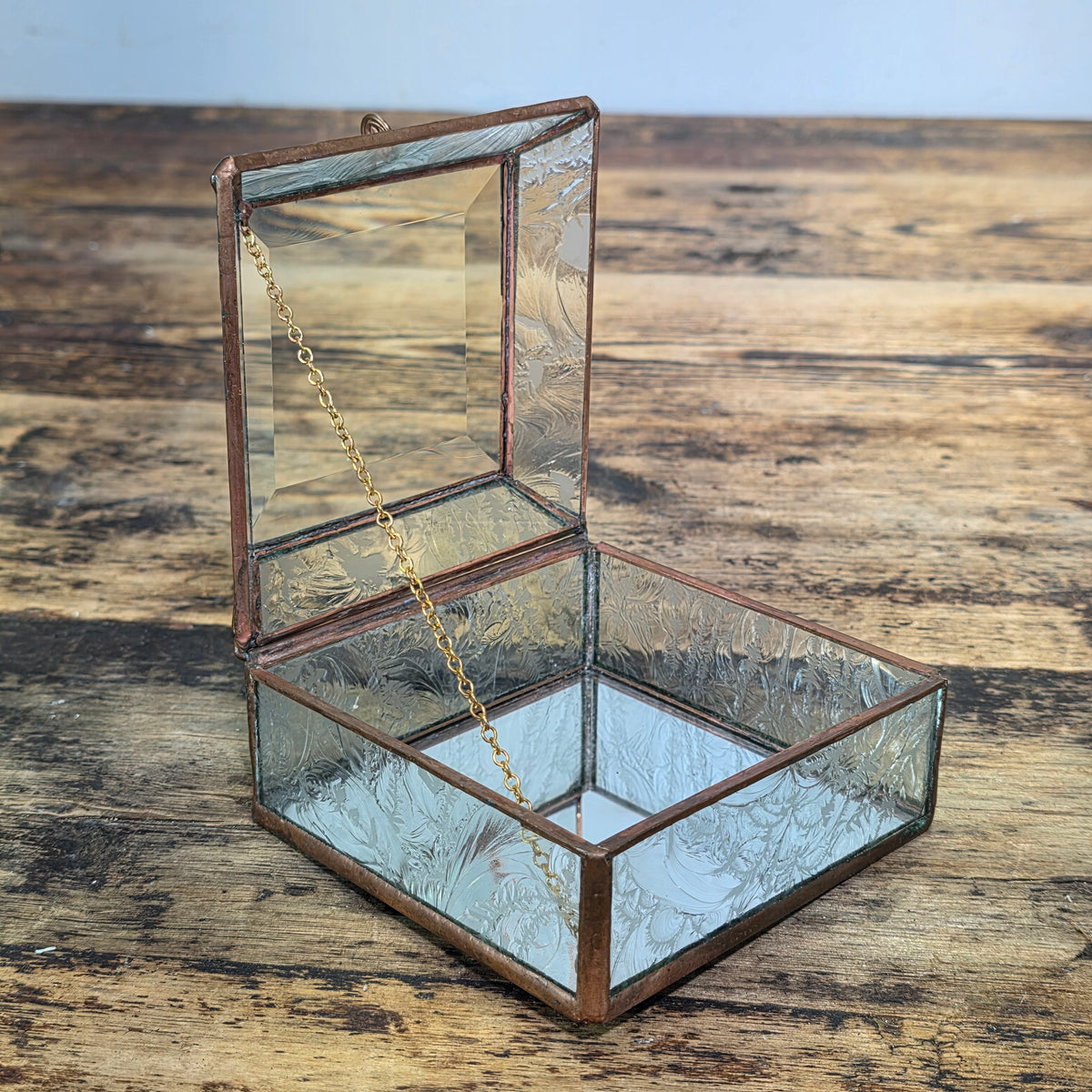 Vintage Glass Brass Jewelry Trinket Box Beveled Lid Frosted Floral Mirror Base