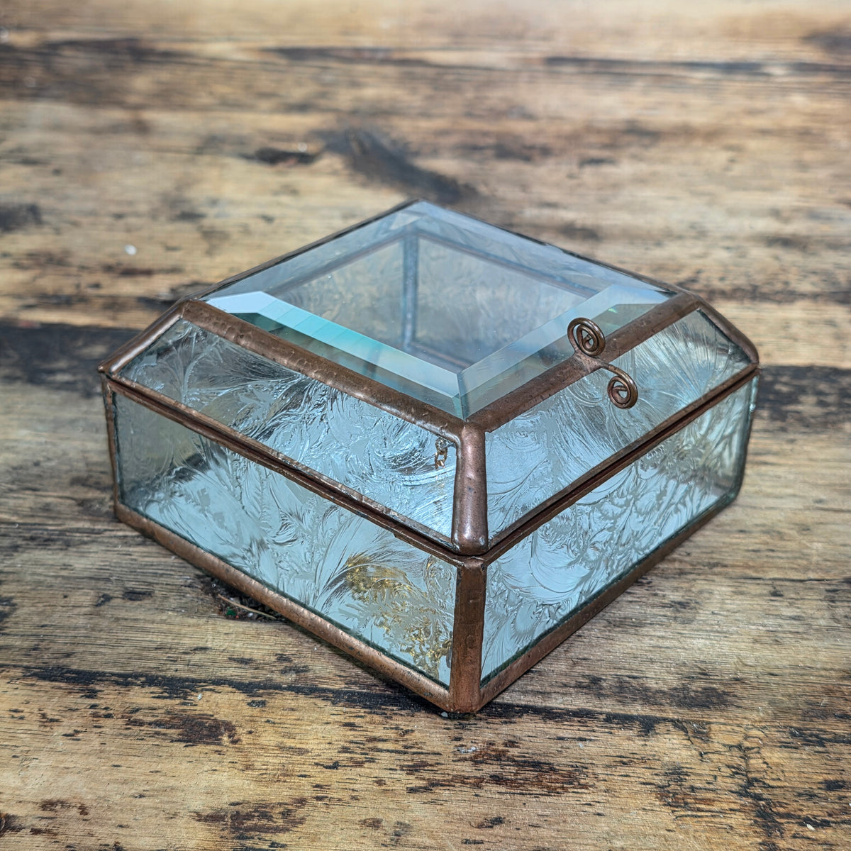 Vintage Glass Brass Jewelry Trinket Box Beveled Lid Frosted Floral Mirror Base