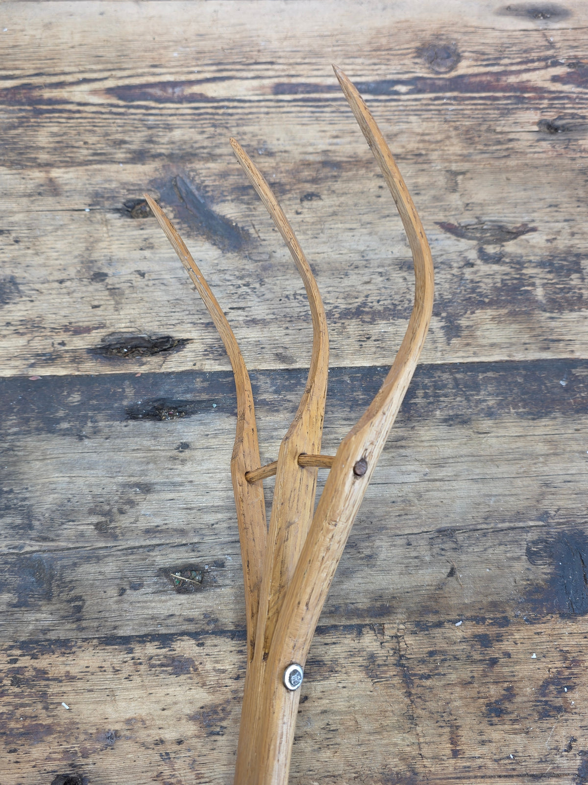 Vintage 3 Tine Oak Wooden Pitchfork Hand Carved Primitive Hay Straw Fork 34"