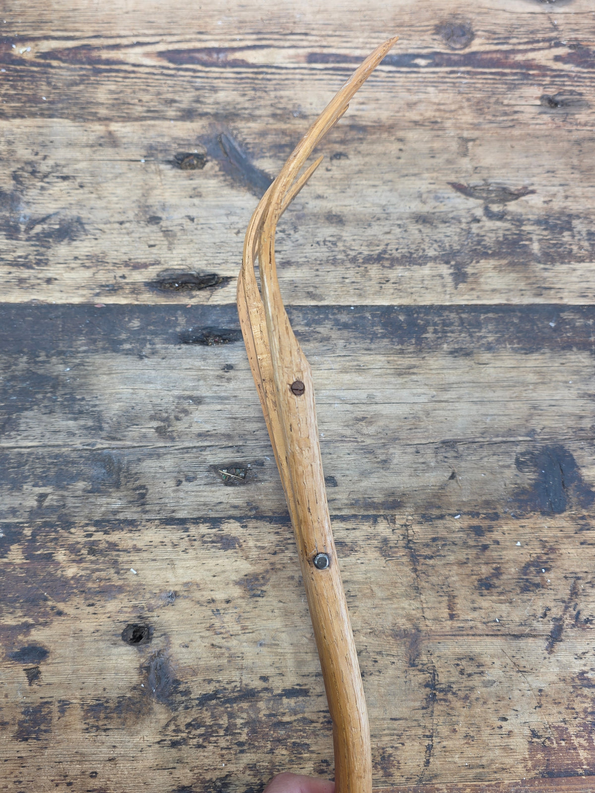Vintage 3 Tine Oak Wooden Pitchfork Hand Carved Primitive Hay Straw Fork 34"