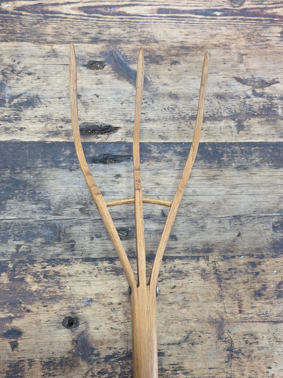 Vintage 3 Tine Oak Wooden Pitchfork Hand Carved Primitive Hay Straw Fork 34"