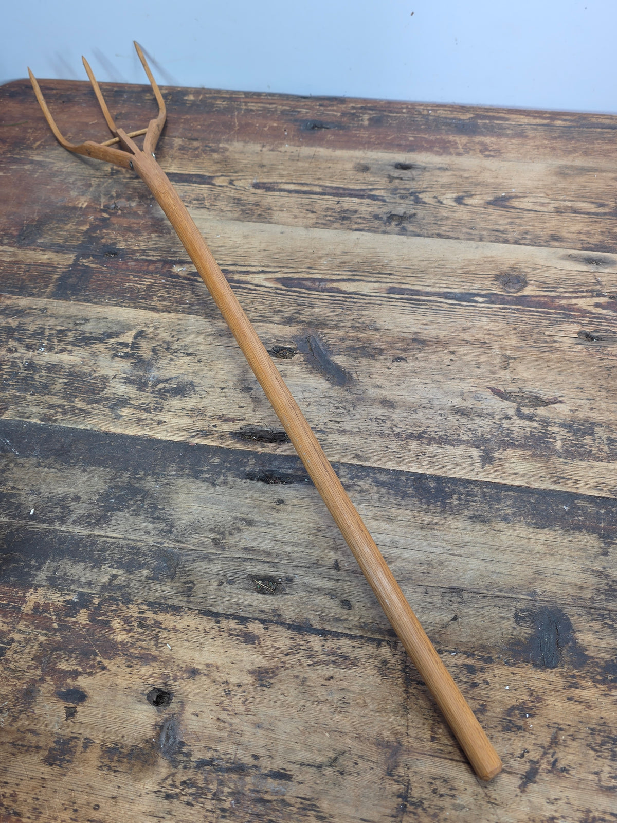 Vintage 3 Tine Oak Wooden Pitchfork Hand Carved Primitive Hay Straw Fork 34"