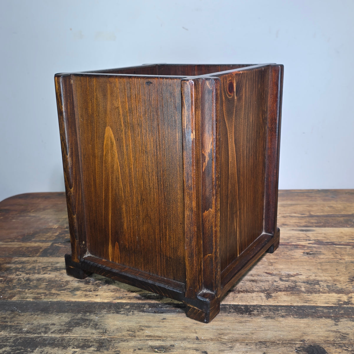 Vintage Mission Arts Crafts Wood Waste Basket Trash Can Planter Box Dark Square