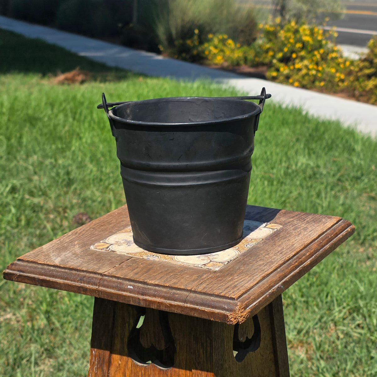 Vintage Black Galvanized Metal Bucket 6" Small Rustic Farmhouse Planter Pail
