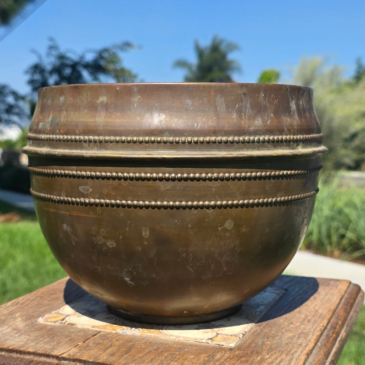 Vintage French Brass Cachepot Beaded Planter Bowl Jardiniere France Pot 9"