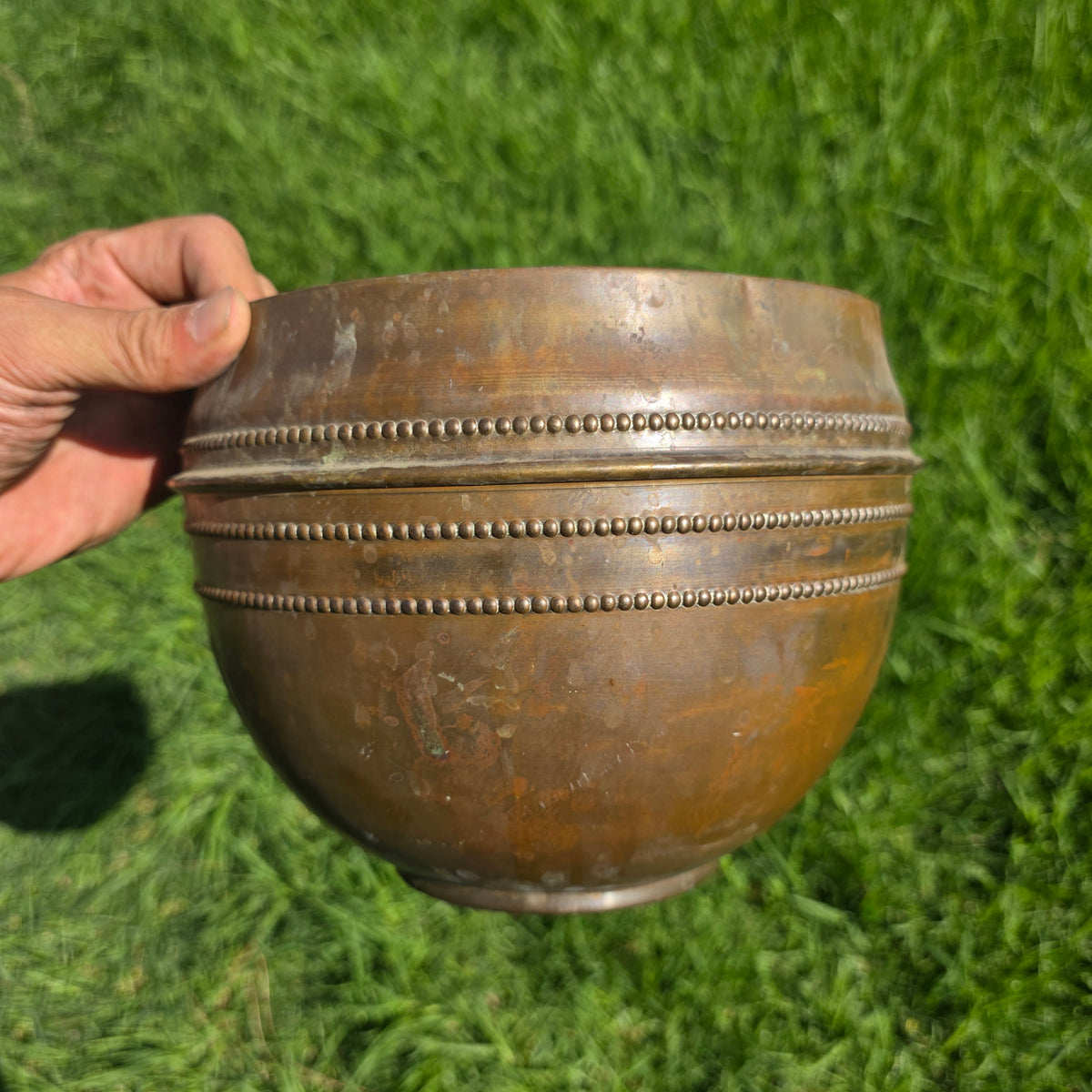Vintage French Brass Cachepot Beaded Planter Bowl Jardiniere France Pot 9"