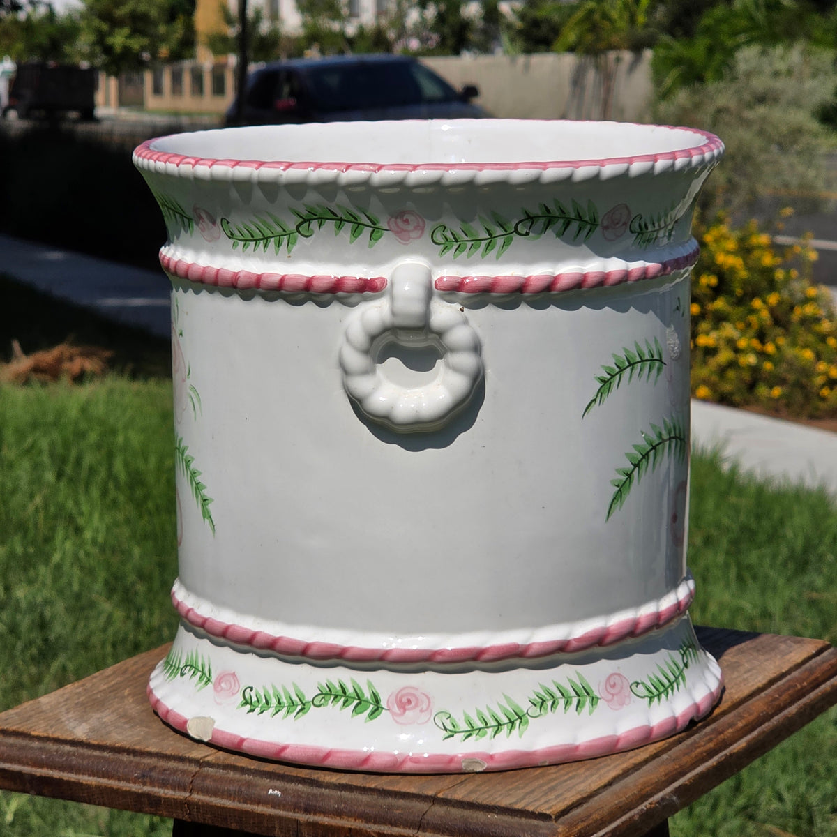Porta Portugal Hand Painted Ceramic Planter Rose Cachepot Pink Bow Vintage 1378