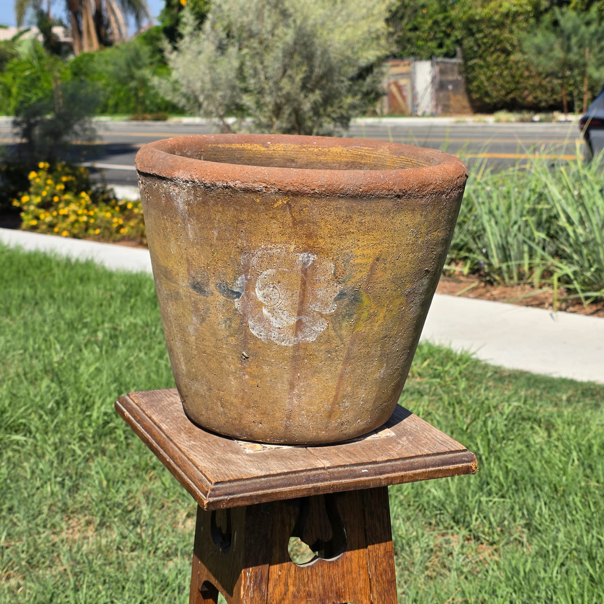 Vintage Mexican Terracotta Planter Hand Painted Folk Art Clay Flower Pot 12"