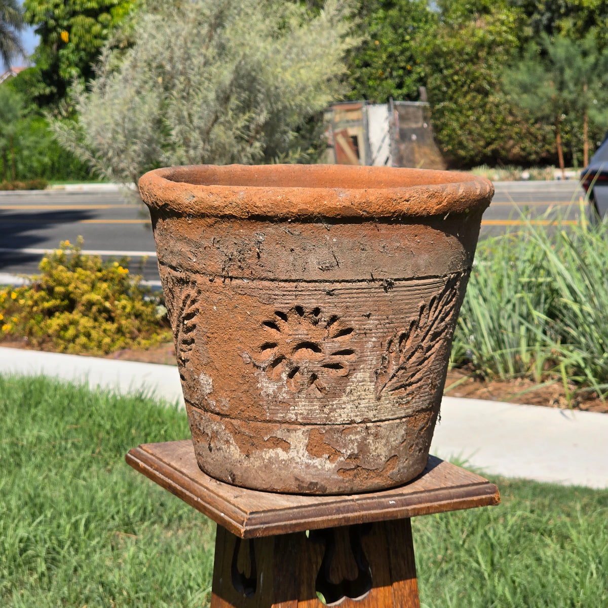 Vintage Mexico Terracotta Planter 13" Large Clay Flower Pot Rustic Sun Fern Leaf
