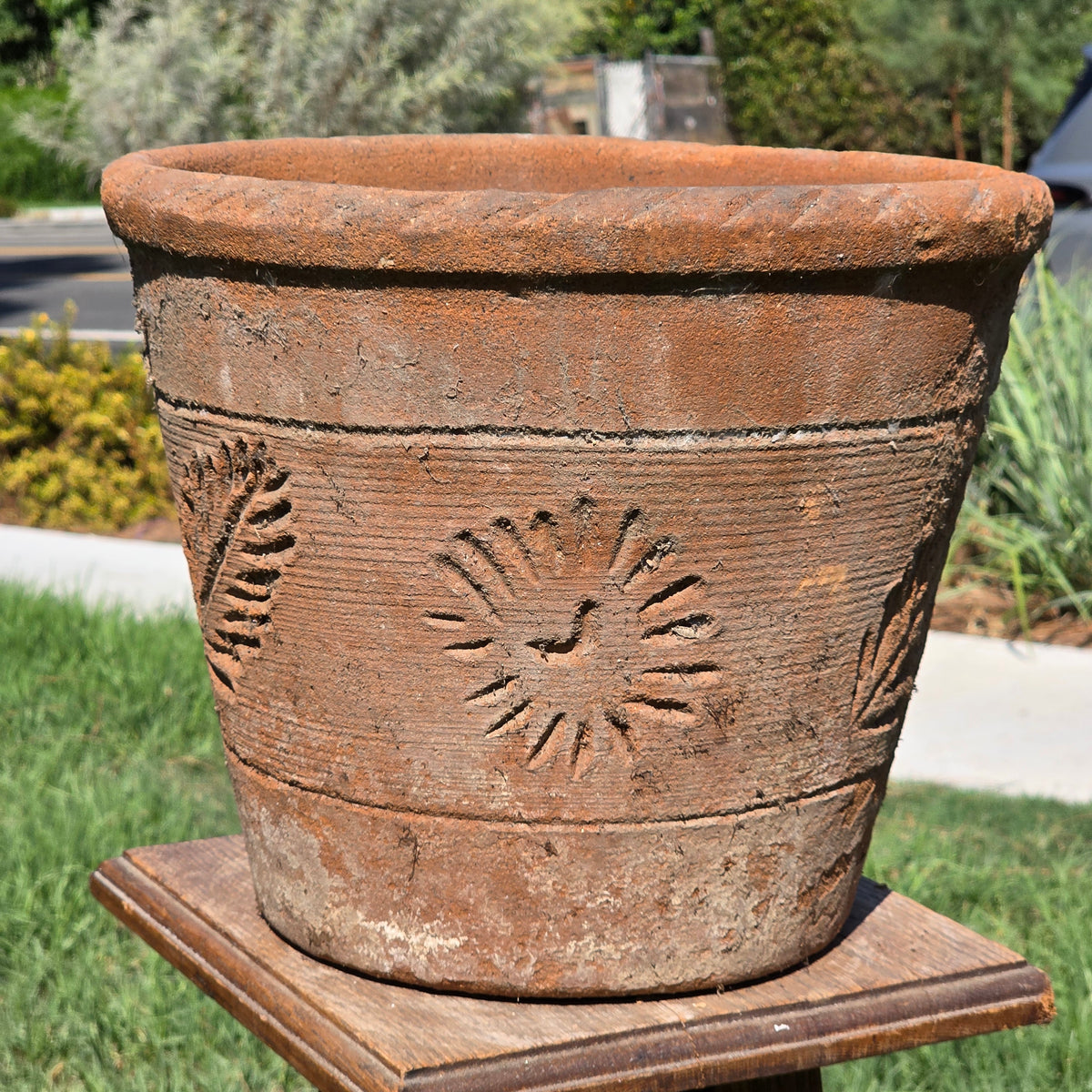 Vintage Mexico Terracotta Planter 13" Large Clay Flower Pot Rustic Sun Fern Leaf