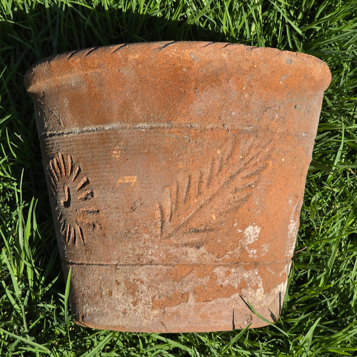Vintage Mexico Terracotta Planter 13" Large Clay Flower Pot Rustic Sun Fern Leaf