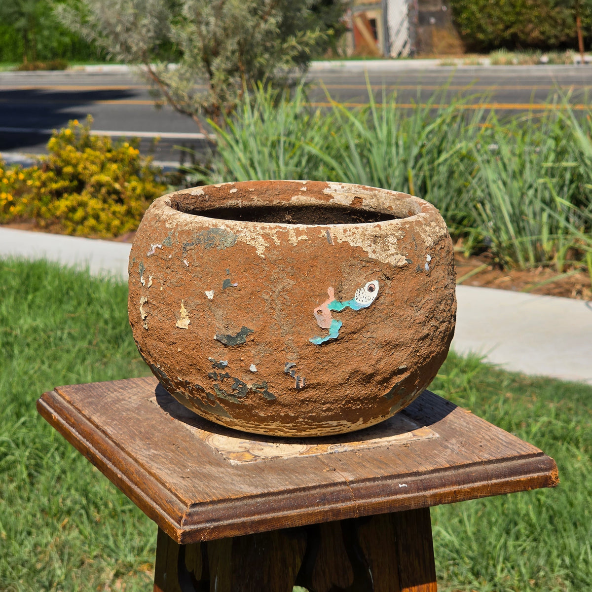 Vtg Mexico Terracotta Planter Chippy Paint Clay Pot Rustic Round Bowl Wabi Sabi